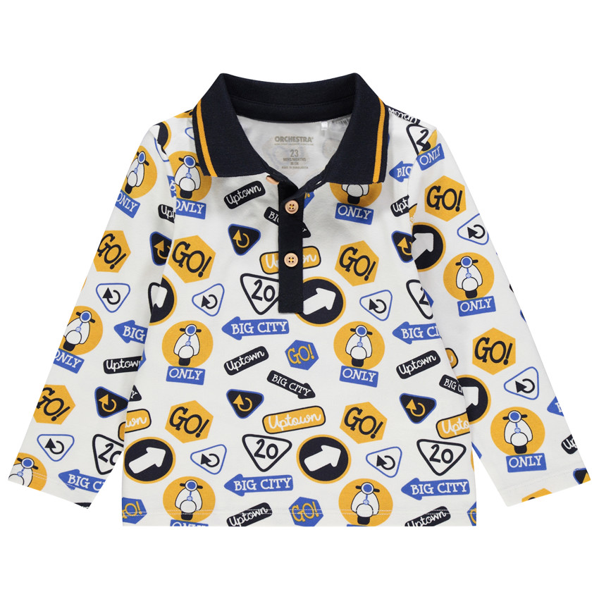 Polo manches longues en coton imprimé panneaux et scooters 