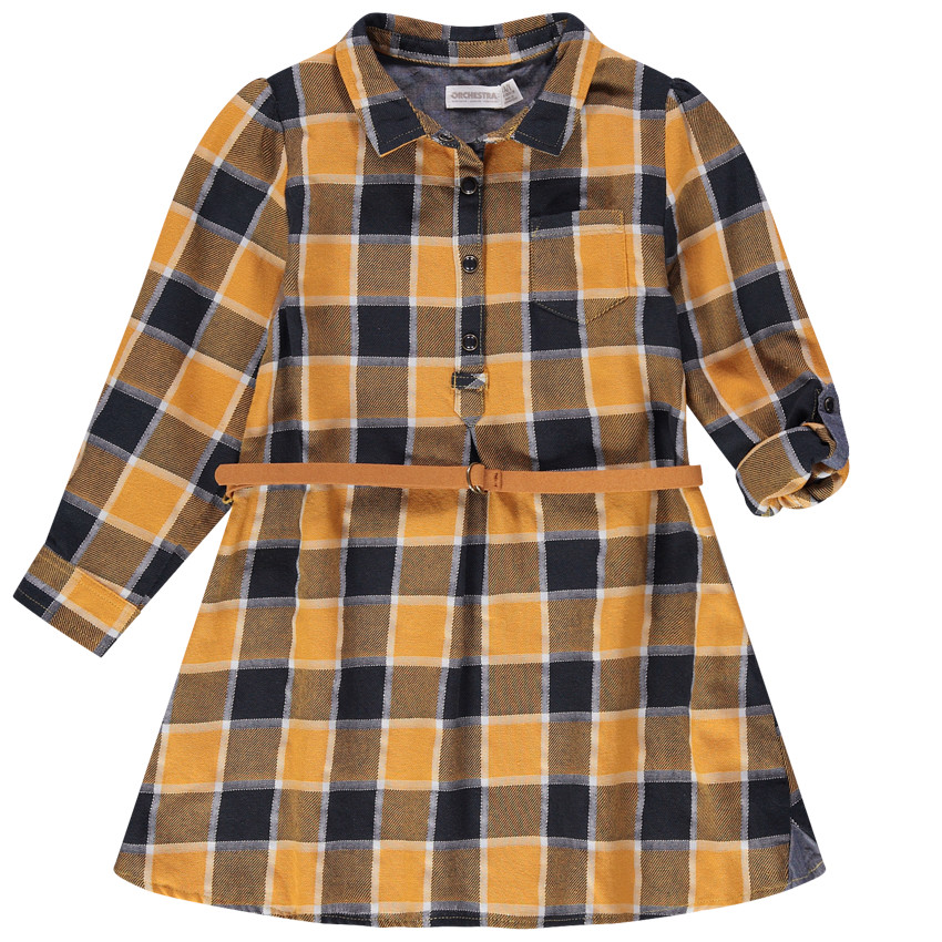 Μακρυμάνικο φόρεμα με καρό σε αντίθεση και αφαιρούμενη ζώνη 