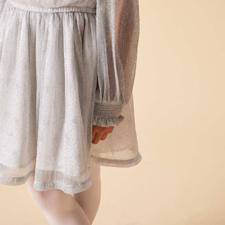 Γιορτινό φόρεμα ασημί με μακριά φουσκωτά μανίκια για κορίτσι 