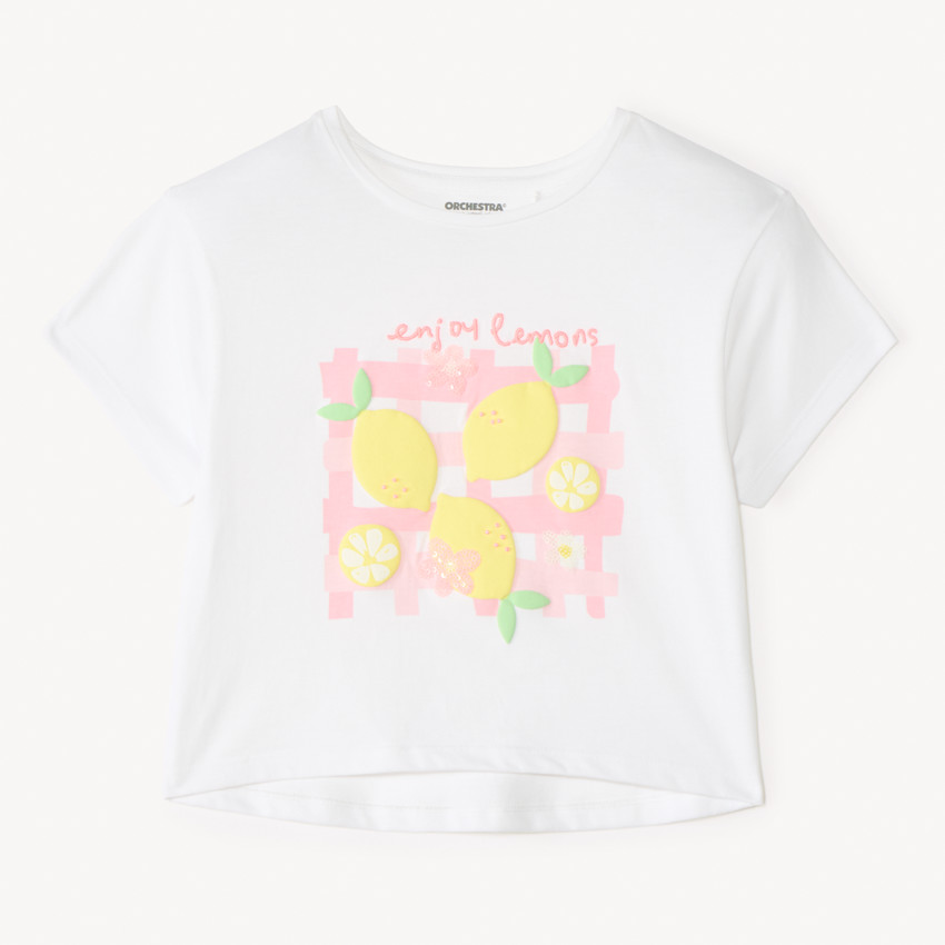 T-shirt κοριτσιού κοντομάνικο με σχέδιο 3D λεμόνι 