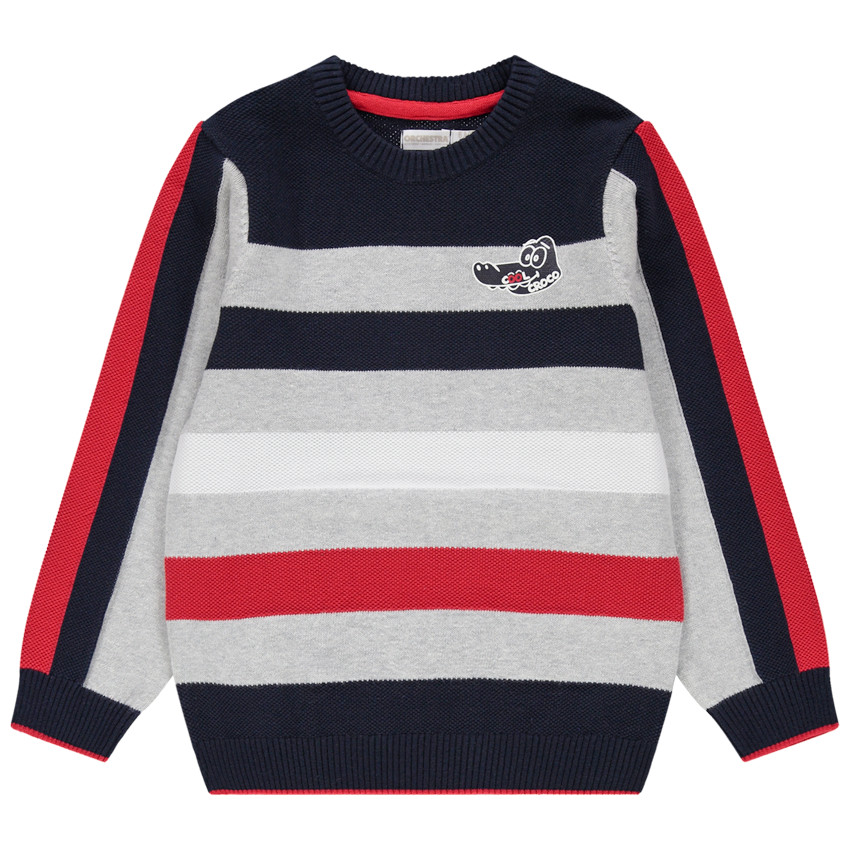 Πλεκτό πουλόβερ με ζακάρ ρίγες και διαφορετικές πλέξεις 