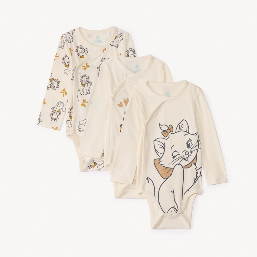 Lot de 3 bodies manches longues Marie Les Aristochats Disney pour bébé fille avec ouvertures différentes selon l'âge 