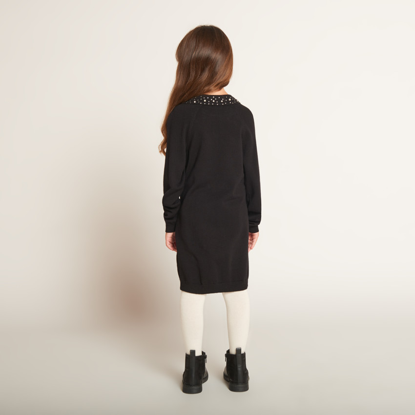 Robe unie en tricot et col claudine à strass pour fille  