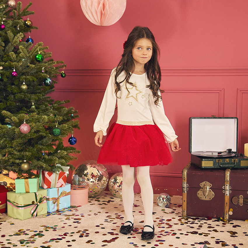 Φόρεμα γιορτής μακρυμάνικο με εφέ 2 σε 1 από δύο υφάσματα για κορίτσι 