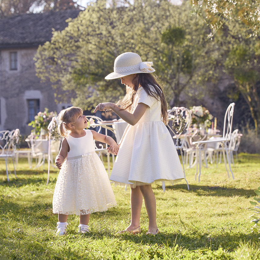 Robe de cérémonie manches courtes en jacquard fleuri fille 