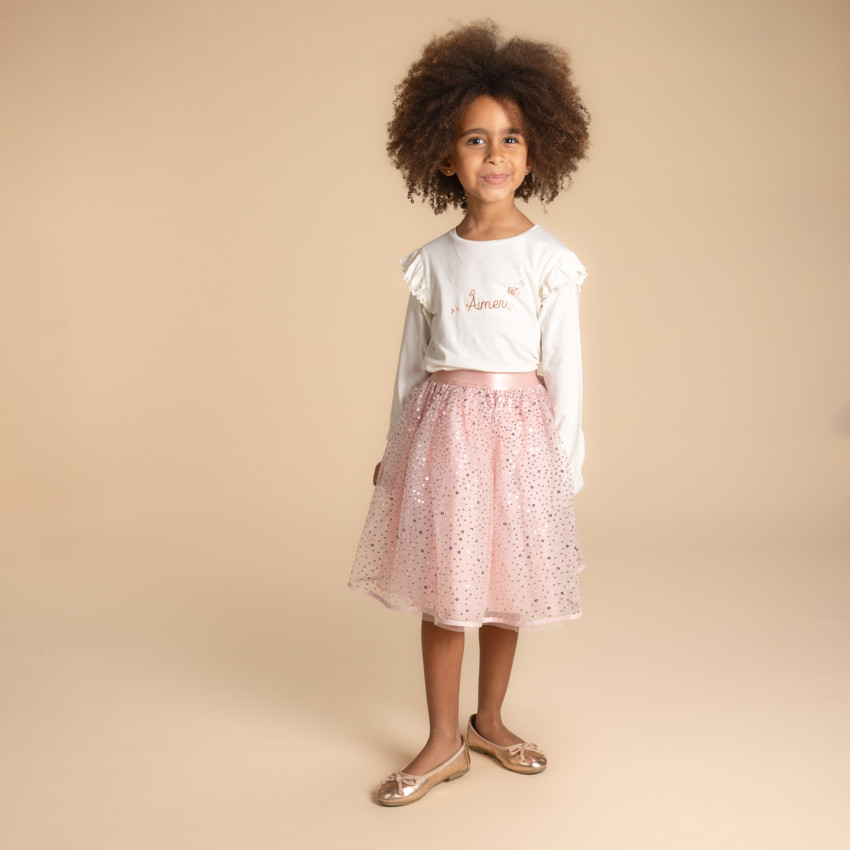 Φούστα κοντή μονόχρωμη ροζ από τούλι με παγιέτες για κορίτσι 