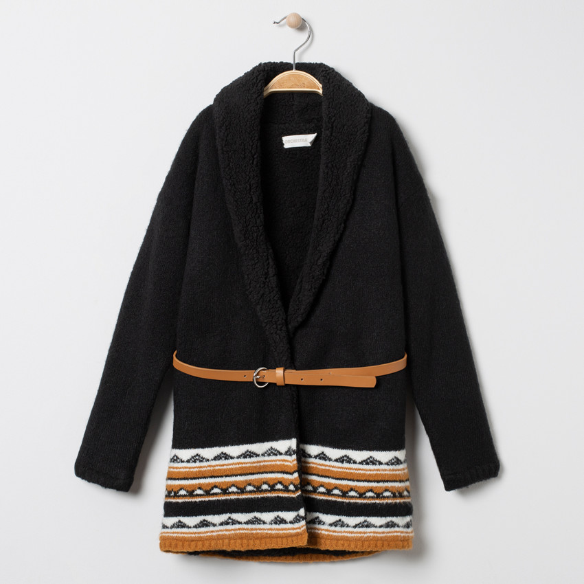 Gilet en tricot doublé sherpa à motif ethnique et ceinture 