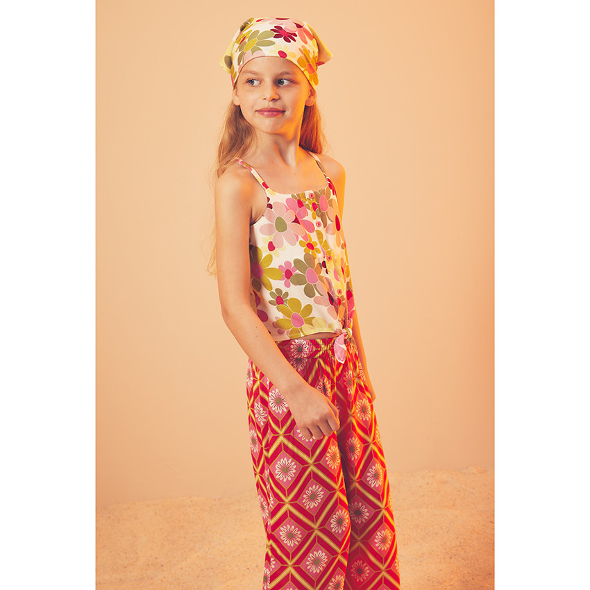 Παντελόνι φαρδύ και ρευστό με retro print για κορίτσι 