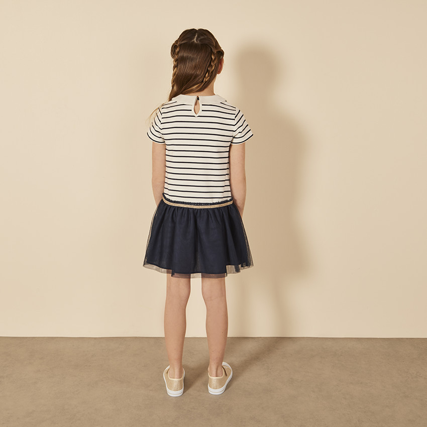 Φόρεμα κοντό μανίκι bi-matière με εφέ 2 σε 1 ριγέ για κορίτσι 