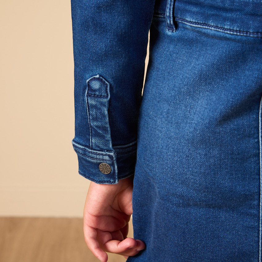 Φόρεμα μακρυμάνικο στυλ πουκαμίσου με εφέ denim για κορίτσι 