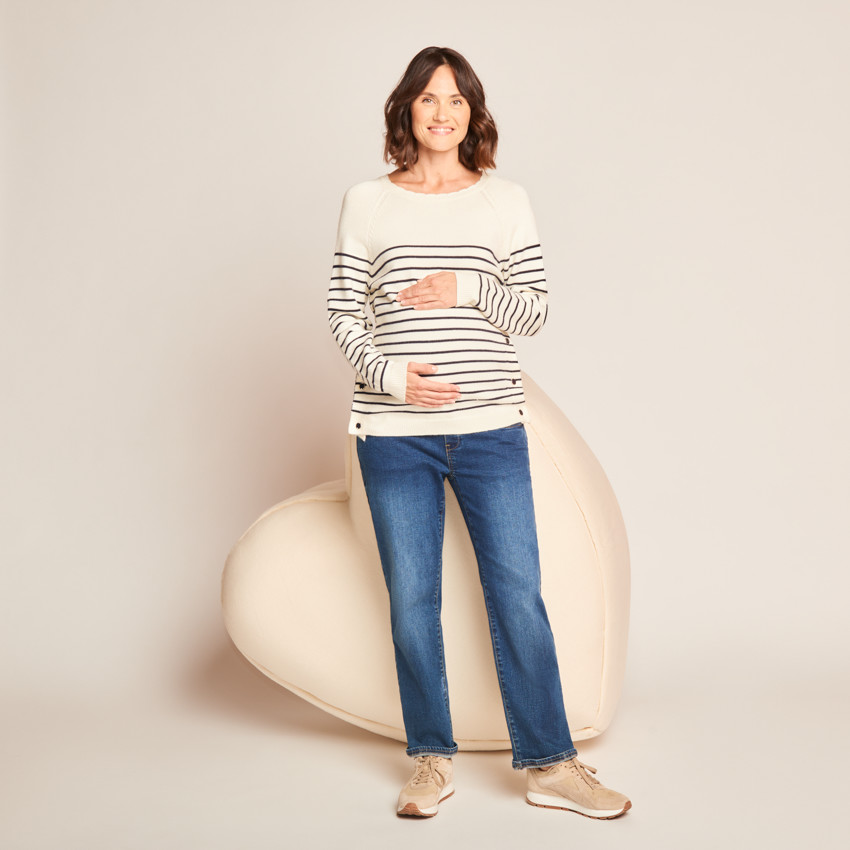 Πλεκτή Μπλούζα Θηλασμού Με Ρίγες, Ναυτικό Στυλ Και Διακοσμητικό Γιακά 