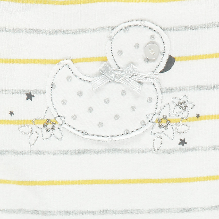 Ριγέ φόρεμα με βολάν και απλικέ πάπια 