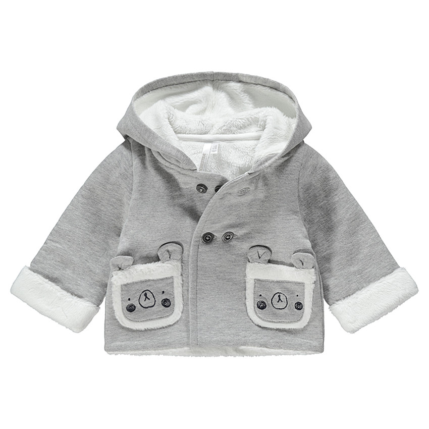 Φανελένια ζακέτα με επένδυση sherpa, κουκούλα και τυπωμένα αρκουδάκια 