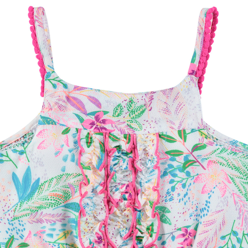 Κοντή ολόσωμη φόρμα με λουλούδια σε όλη την επιφάνεια και φρου φρου 