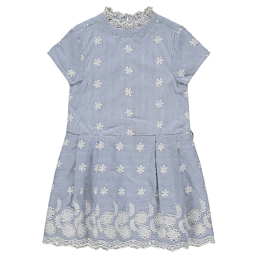Κοντομάνικο φόρεμα με κάθετες ρίγες και κεντημένα μοτίβα 