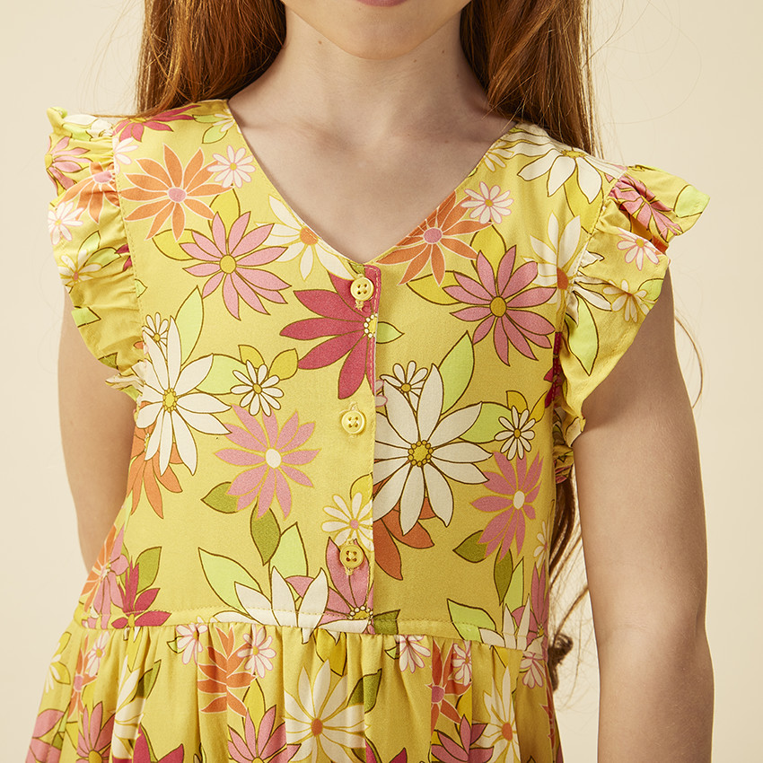 Ρόμπα κοντομάνικη με βολάν και floral σχέδιο για κορίτσι 