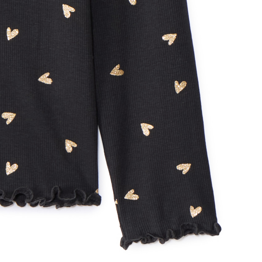 T-shirt manches longues côtelé imprimé cœurs pailletés pour fille 