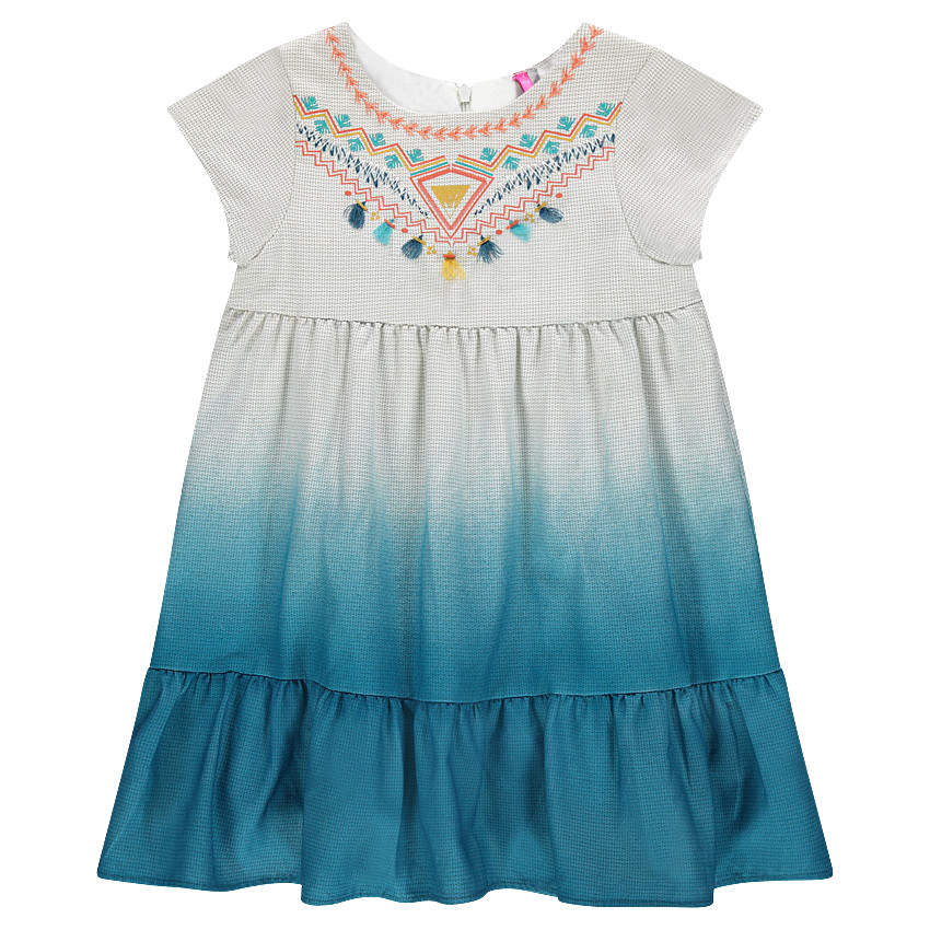 Κοντομάνικο φόρεμα με κέντημα, πον-πον και ντεγκραντέ εφέ dip dye 