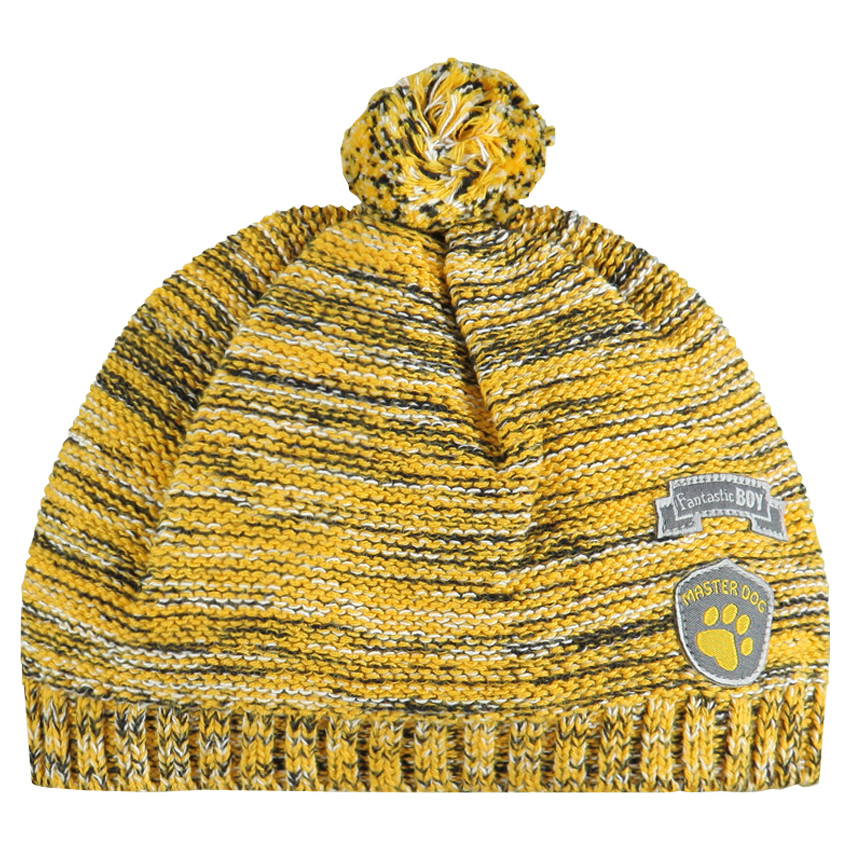 Bonnet en maille mélangée avec pompon et badges patchés à messages 