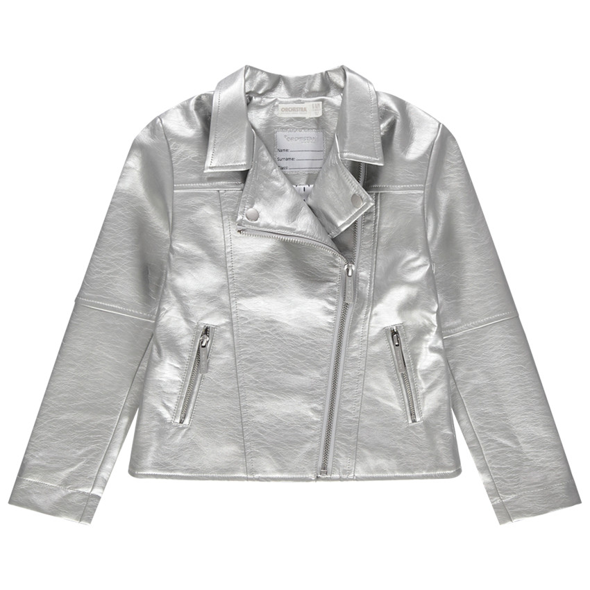 Τζάκετ perfecto από ασημί δερματίνη με εμπριμέ επένδυση 