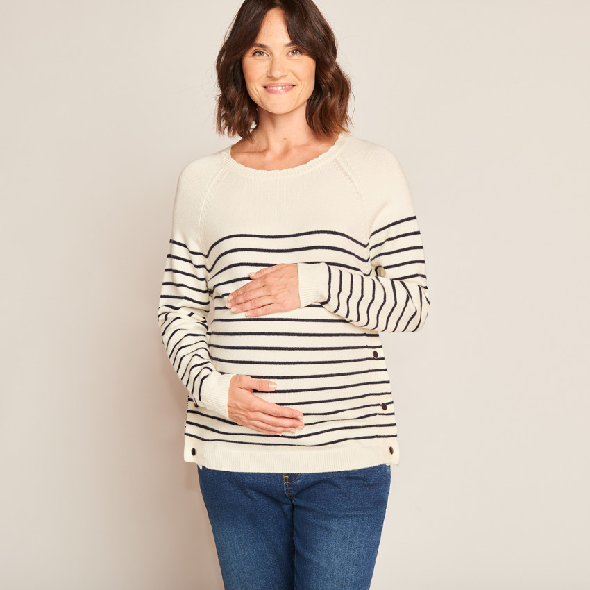 Πλεκτή Μπλούζα Θηλασμού Με Ρίγες, Ναυτικό Στυλ Και Διακοσμητικό Γιακά 