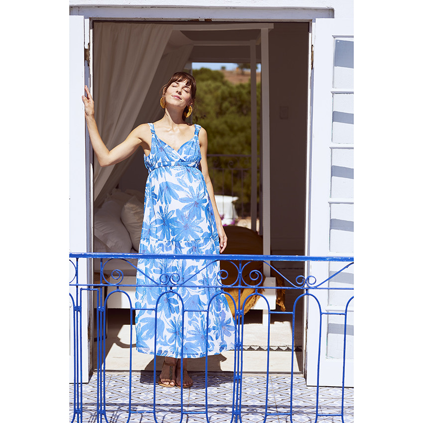 Φόρεμα μακρύ εγκυμοσύνης με τιράντες σε voile με σχέδιο floral 