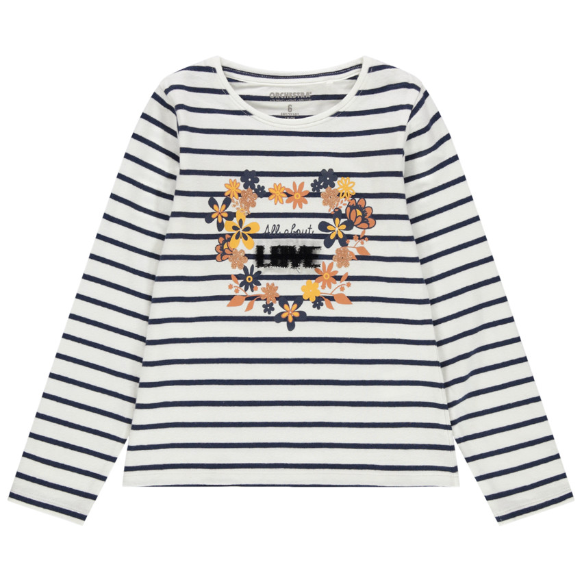 T-shirt manches longues à rayures et coeur en fleurs 