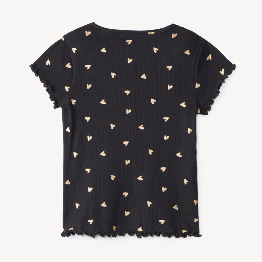 T-shirt manches courtes côtelé imprimé cœurs pailletés pour fille 