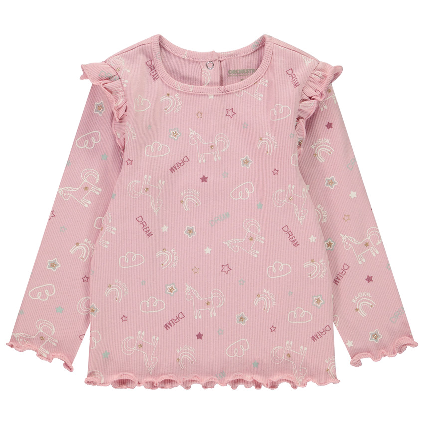 T-shirt μακρυμάνικο με βολάν από πλεκτό ύφασμα για μωρό κορίτσι 