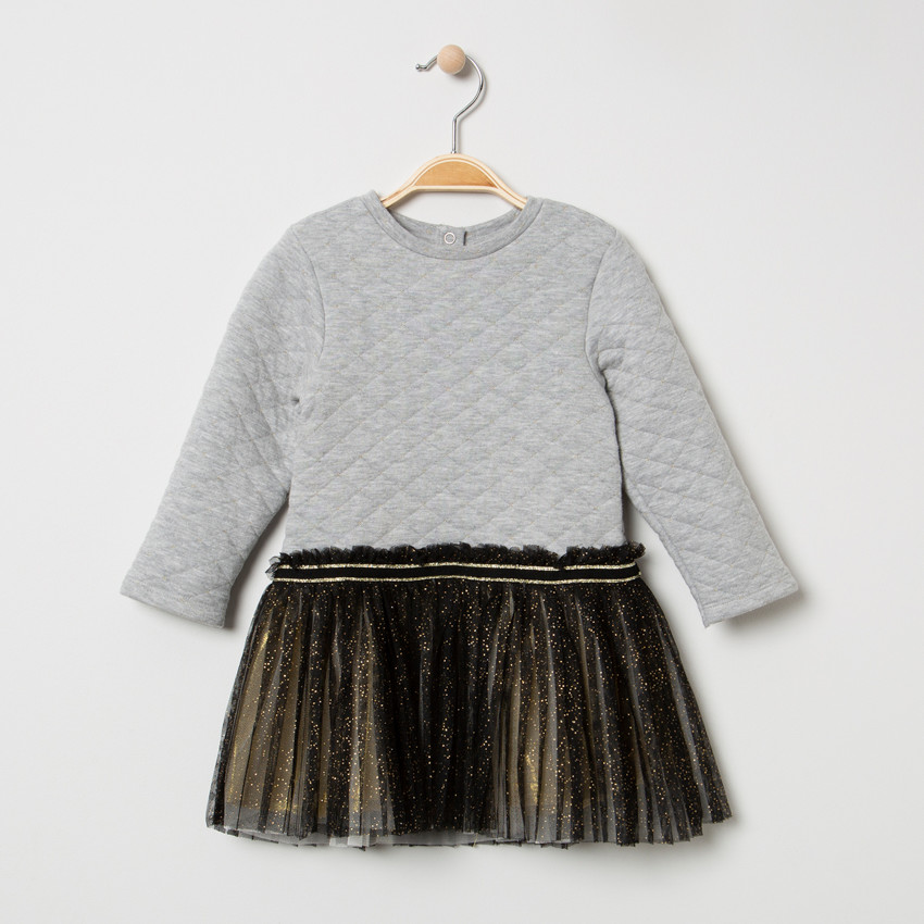 Μακρυμάνικο φόρεμα από δύο υλικά, φανέλα και πλισέ τούλι 