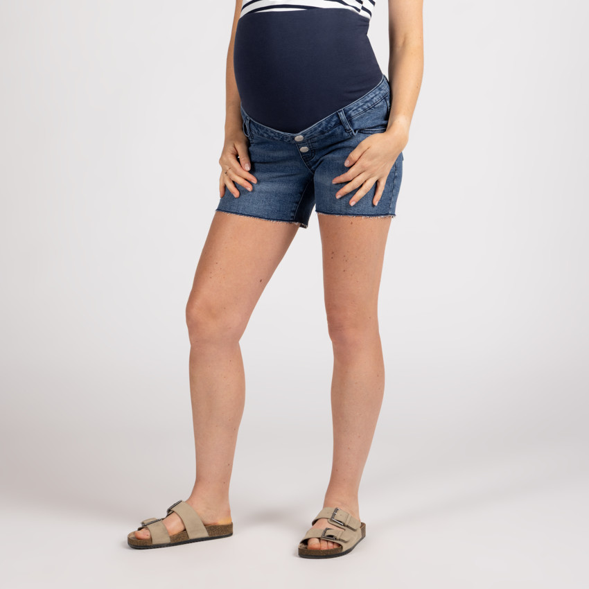 Σορτς εγκυμοσύνης από jean με effet used και ψηλό bandeau jersey 