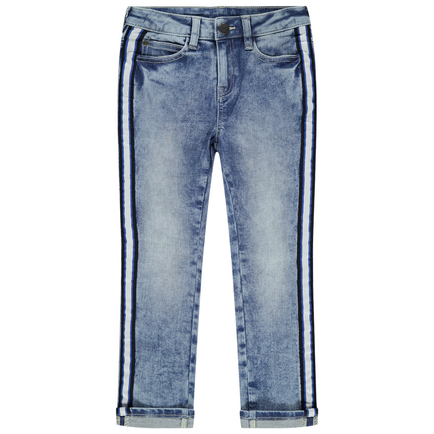 Slim τζιν με used όψη, μόνιμες τσακίσεις και απλικέ λωρίδες  