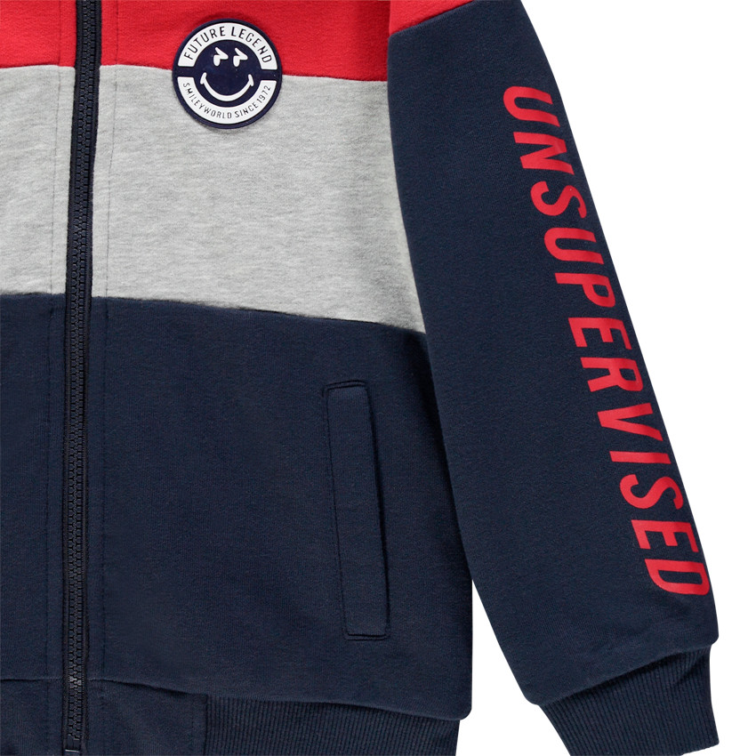 Ζακέτα τρίχρωμη με κουκούλα με επένδυση sherpa badge SmileyWorld  Additional Ζακέτα τρίχρωμη με κουκούλα με επένδυση sherpa badge SmileyWorld