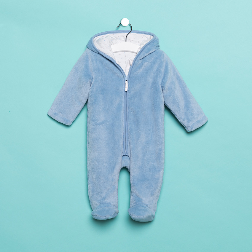 Ολόσωμο μπλε μπουφάν από sherpa με κουκούλα και ζέρσεϊ επένδυση  