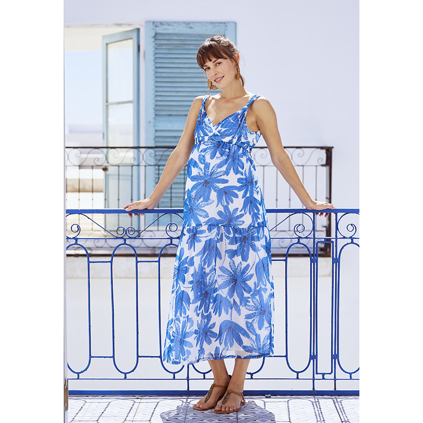 Φόρεμα μακρύ εγκυμοσύνης με τιράντες σε voile με σχέδιο floral 