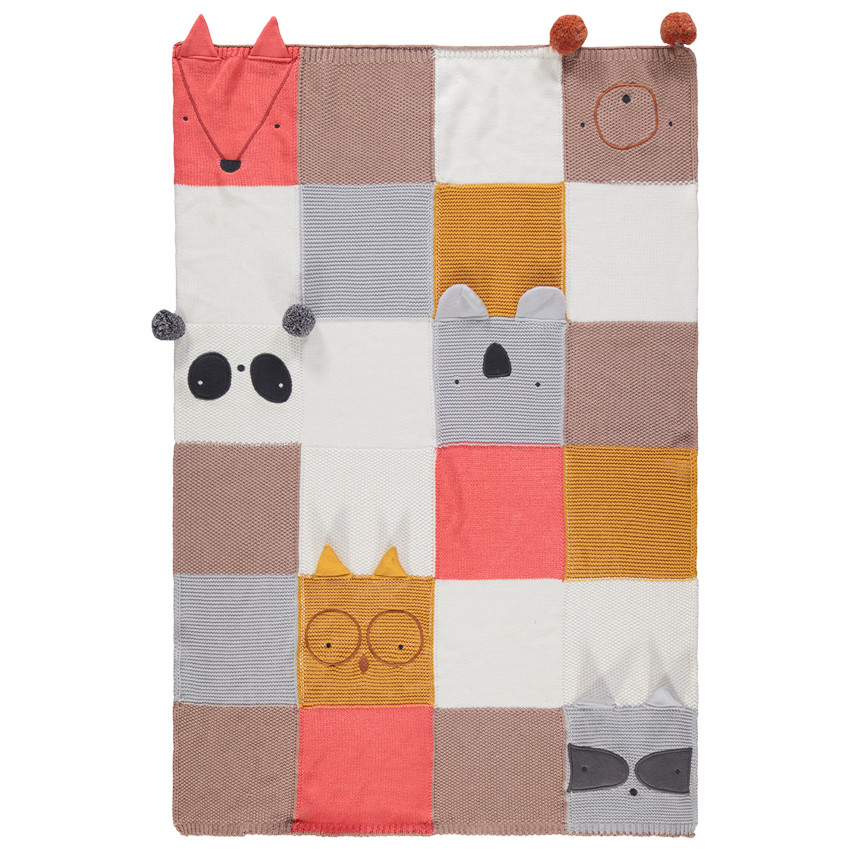 Couverture en tricot à animaux fantaisie effet patchwork 