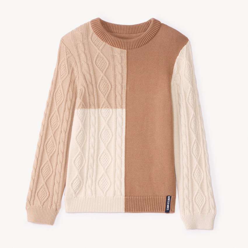 Pull manches longues tricolore en tricot torsade pour garçon  