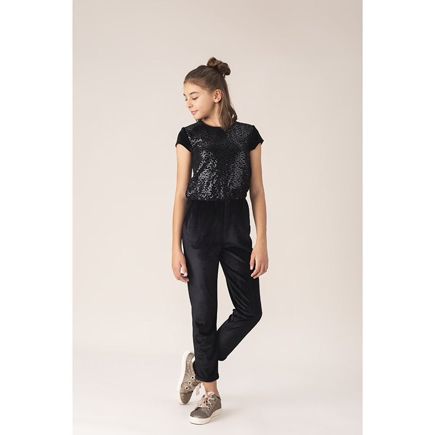 Combinaison longue manches courtes en velours à sequins 