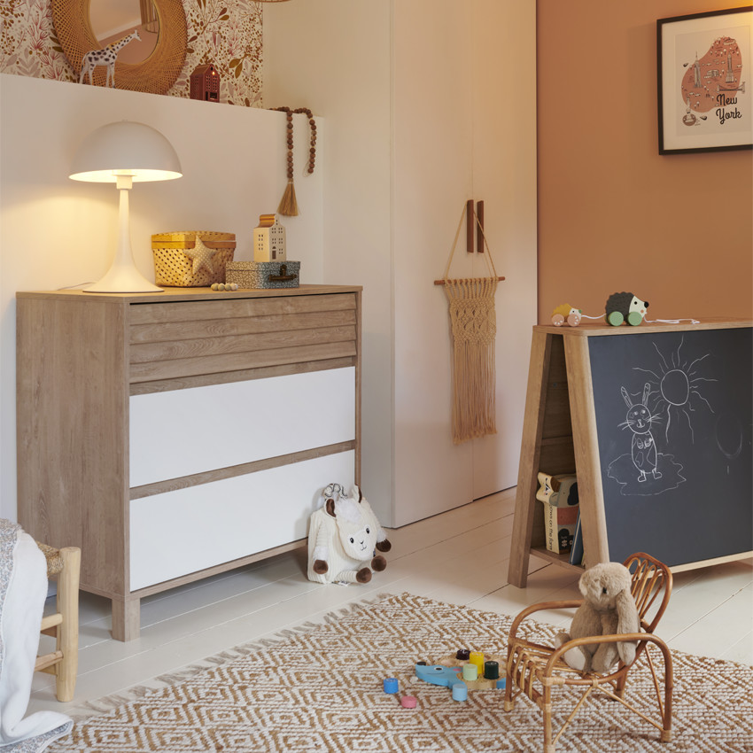 Commode 3 tiroirs en chêne blond et blanc Achille  