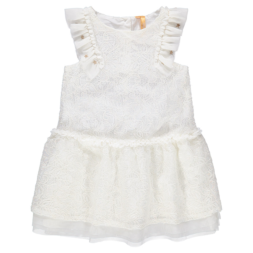 Λευκό φόρεμα από δαντέλα για επίσημες περιστάσεις και μανίκια με βολάν 