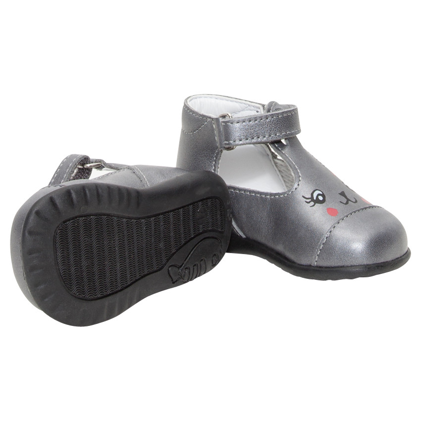 Δερμάτινα γκρι παπουτσάκια με μπαρέτα και φαντεζί τύπωμα 