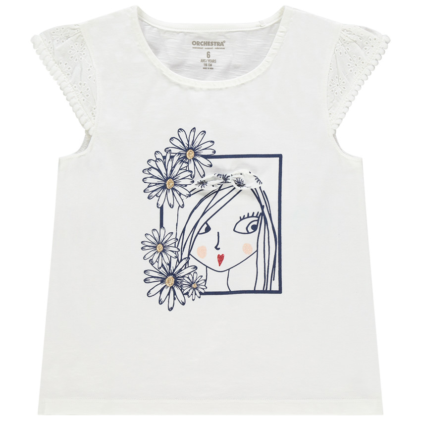 T-shirt κοντομάνικο με κέντημα και σχέδιο πρόσωπο 