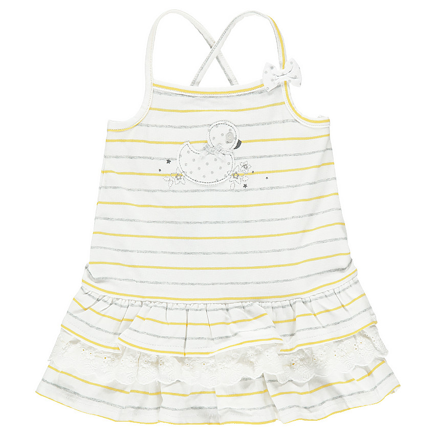 Ριγέ φόρεμα με βολάν και απλικέ πάπια 