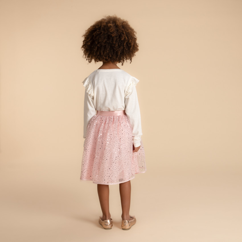 Φούστα κοντή μονόχρωμη ροζ από τούλι με παγιέτες για κορίτσι 