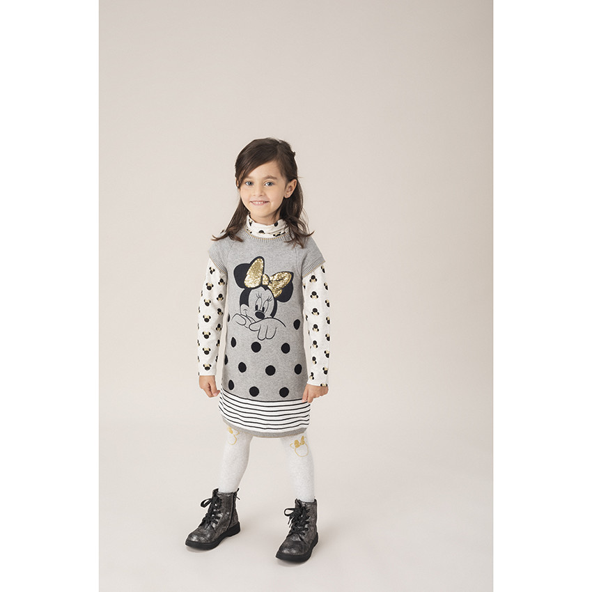 Πλεκτό κοντομάνικο φόρεμα με στάμπα τη Μίνι της Disney και χρυσαφί φιόγκο 