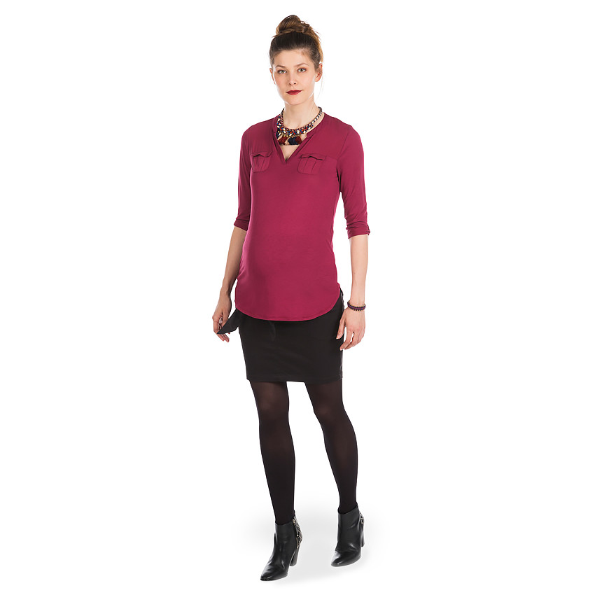 Τουνίκ Εγκυμοσύνης Με Δύο Υφάσματα, Διακοσμητικές Τσέπες Και Γιακά 