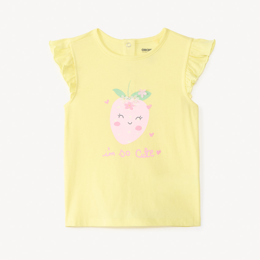 T-shirt με κοντά φτερωτά μανίκια με εκτύπωση φράουλας και τρισδιάστατα λουλούδια για κορίτσι μωρό 