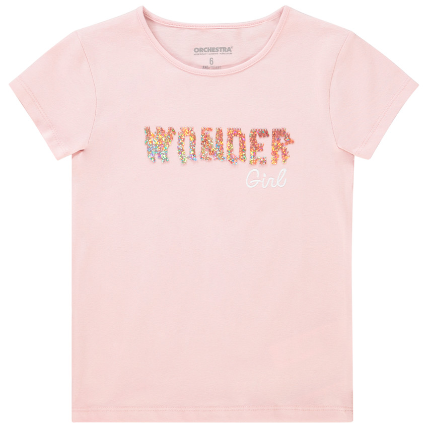 T-shirt κοντομάνικο για κόριτσι με μήνυμα ιριδίζον 