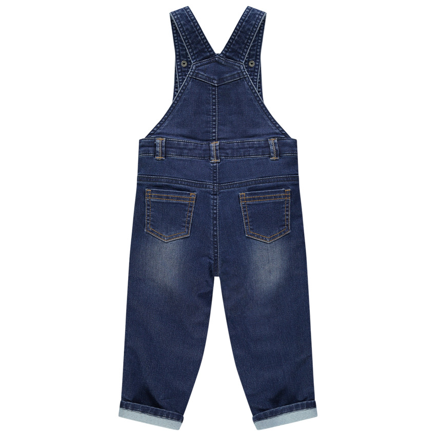 Salopette longue en jean à animal brodé sur la poche 