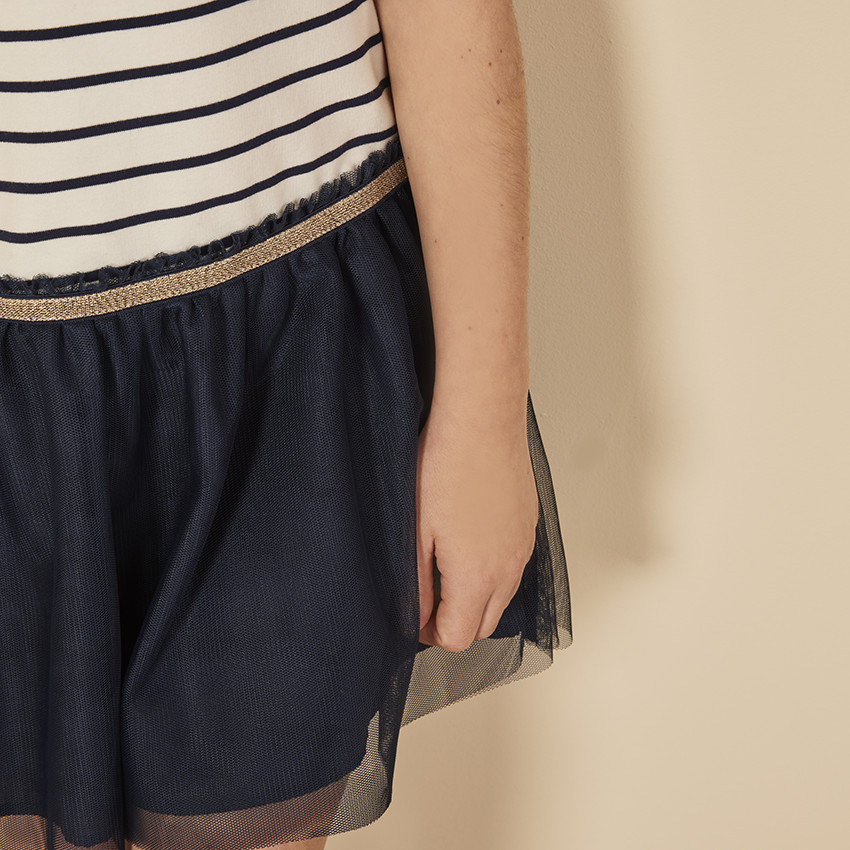 Φόρεμα κοντό μανίκι bi-matière με εφέ 2 σε 1 ριγέ για κορίτσι 